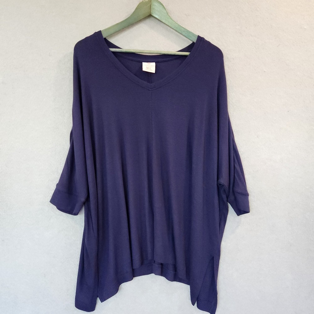 Laurie Felt Ribbed Knit Sweater Womens M/L Oversized V-Neck Asymmetrical Blue